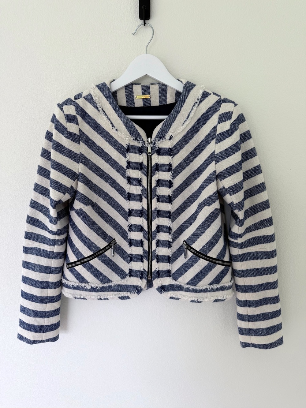 Rebecca Minkoff Salinas Blue White Striped Croped Bomber Jacket Size 2 - Picture 1 of 8